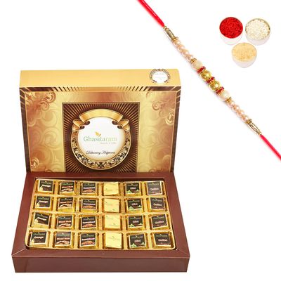 Ghasitaram Gifts Rakhi Gifts for Brothers Big 6 Flavours Sugarfree Choclate Box 24 pcs with Pearl Rakhi