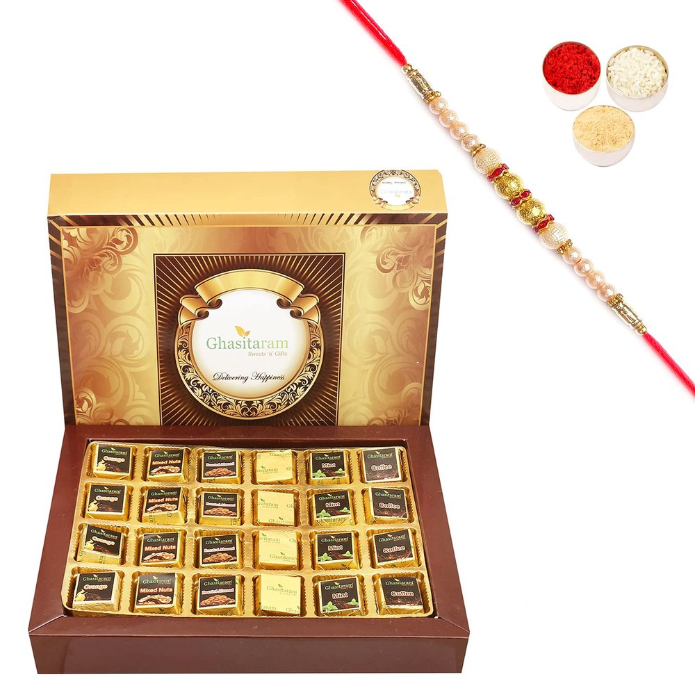 Ghasitaram Gifts Rakhi Gifts for Brothers Big 6 Flavours Sugarfree Choclate Box 24 pcs with Pearl Rakhi