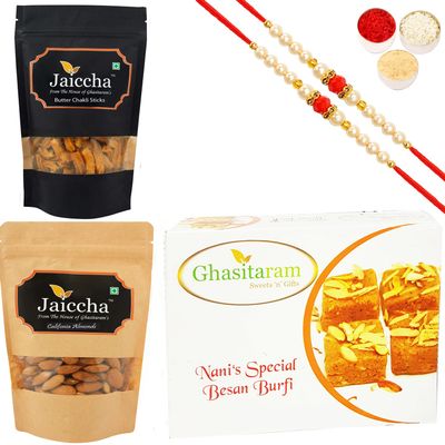 Ghasitaram Gifts Rakhi Gifts for Brothers Rakhi Sweets - Best of 3 Besan Barfi, Methi Mathi Pouch and Almonds Pouch with 2 Pearl Beads Rakhis