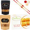 Ghasitaram Gifts Rakhi Gifts for Brothers Rakhi Sweets - Best of 3 Besan Barfi, Methi Mathi Pouch and Almonds Pouch with 2 Pearl Beads Rakhis view 1