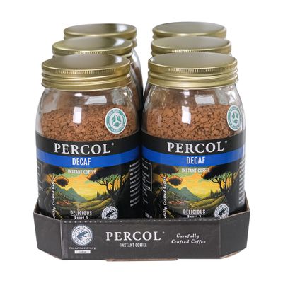 Percol - Delicious Decaf Instant Coffee (6x100g), 100% Hand-Picked Arabica Beans, Freeze Dried, Rich & Velvety Smooth, Strength 3, Single Origin, Sustainable, Recyclable
