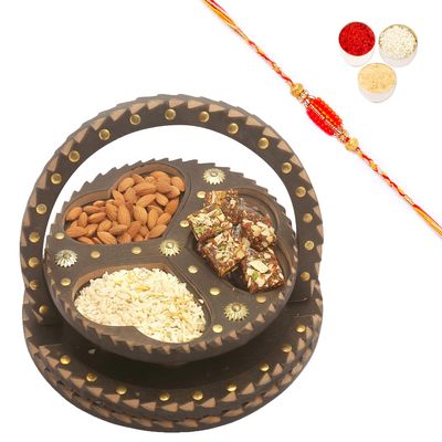 Ghasitaram Gifts Rakhi Gifts for Brothers Foldable Basket of Almonds, Sugarfree Bites and Diet Chiwda with Beads Rakhi
