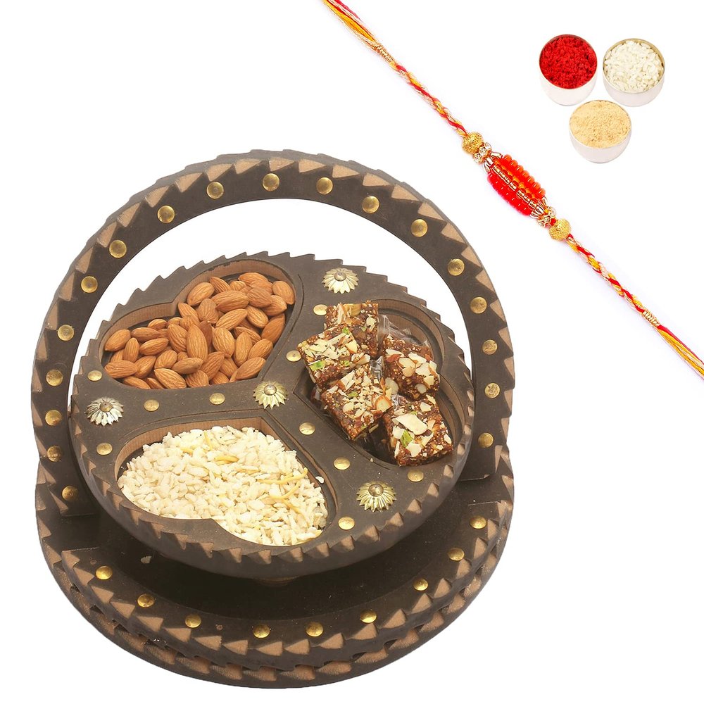 Ghasitaram Gifts Rakhi Gifts for Brothers Foldable Basket of Almonds, Sugarfree Bites and Diet Chiwda with Beads Rakhi