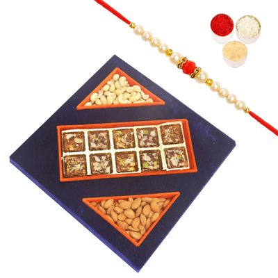 Ghasitaram Gifts Rakhi Gifts for Brothers Blue Velvet Tray of Sugarfree Bites, Almonds and Cashew Pouches with Beads Rakhi