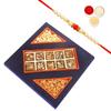 Ghasitaram Gifts Rakhi Gifts for Brothers Blue Velvet Tray of Sugarfree Bites, Almonds and Cashew Pouches with Beads Rakhi view 1
