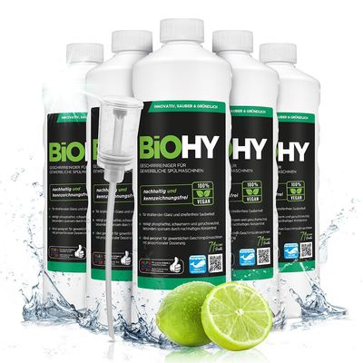 BiOHY Dishwasher Detergent for Commercial use (6 x 1l Bottle) + Dispenser | Phosphate-Free |Concentrate for Gastronomy | Radiant Shine Due to Outstanding Fat Dissolving Formula (Geschirrreiniger)