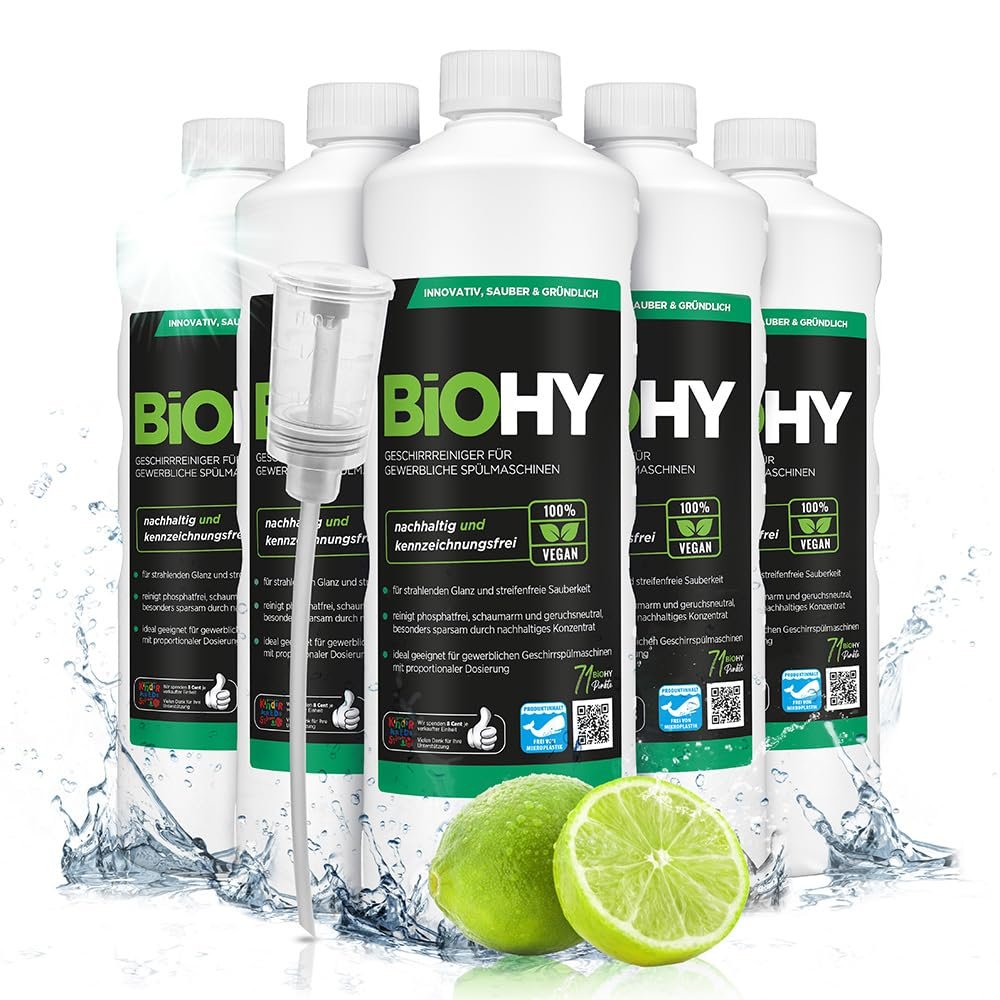 BiOHY Dishwasher Detergent for Commercial use (6 x 1l Bottle) + Dispenser | Phosphate-Free |Concentrate for Gastronomy | Radiant Shine Due to Outstanding Fat Dissolving Formula (Geschirrreiniger)