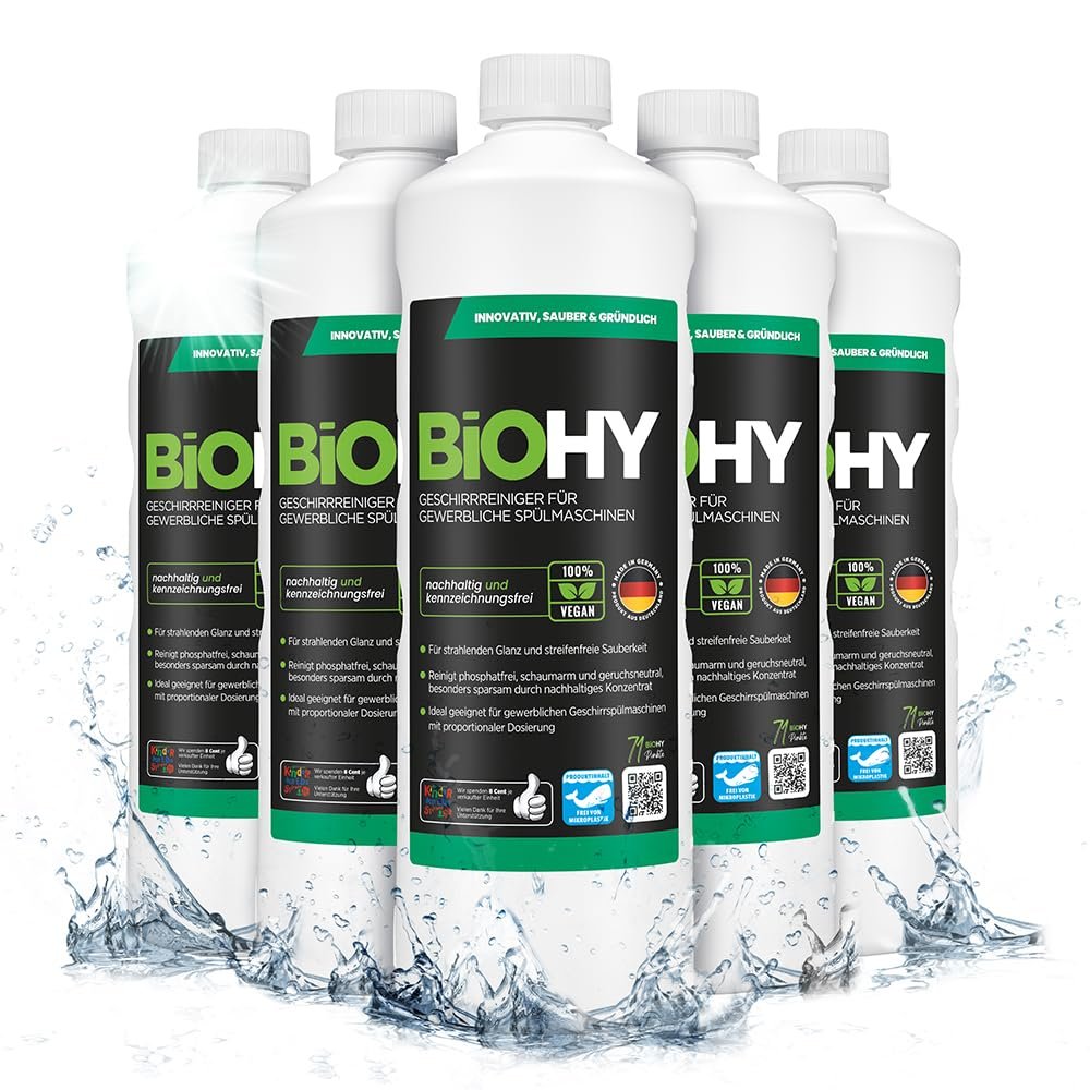 BiOHY Dishwasher Detergent for commercial use (6 x 1l Bottle) | PHOSPHATE-FREE |Concentrate for gastronomy | radiant shine due to outstanding fat dissolving formula (Geschirrreiniger)