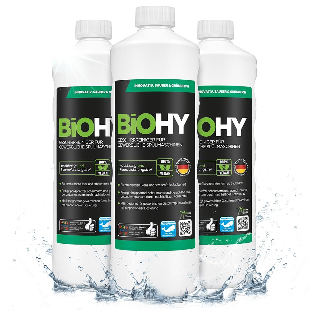 BiOHY Dishwasher Detergent for commercial use (3 x 1l Bottle) | PHOSPHATE-FREE |Concentrate for gastronomy | radiant shine due to outstanding fat dissolving formula (Geschirrreiniger)
