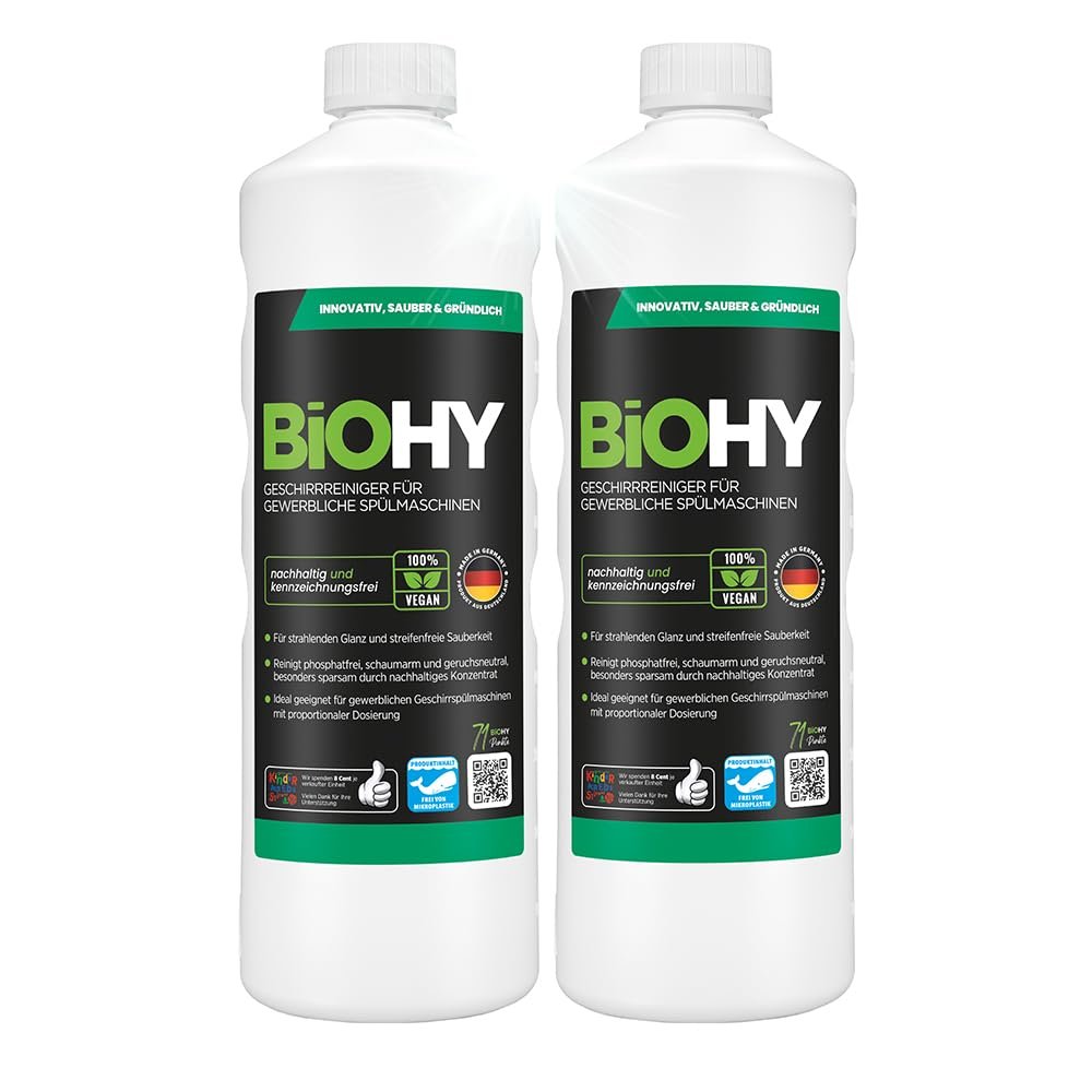 BiOHY Dishwasher Detergent for commercial use (2 x 1l Bottle) | PHOSPHATE-FREE |Concentrate for gastronomy | radiant shine due to outstanding fat dissolving formula (Geschirrreiniger)