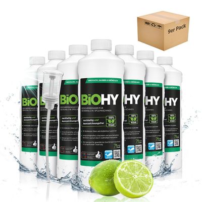 BiOHY Dishwasher Detergent for Commercial use (9 x 1l Bottle) + Dispenser | Phosphate-Free |Concentrate for Gastronomy | Radiant Shine Due to Outstanding Fat Dissolving Formula (Geschirrreiniger)
