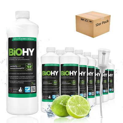 BiOHY Dishwasher Detergent for commercial use (12 x 1l Bottle) + Dispenser | PHOSPHATE-FREE |Concentrate for gastronomy | radiant shine due to outstanding fat dissolving formula (Geschirrreiniger)