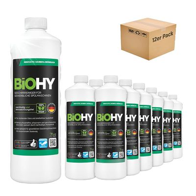 BiOHY Dishwasher Detergent for commercial use (12 x 1l Bottle) | PHOSPHATE-FREE |Concentrate for gastronomy | radiant shine due to outstanding fat dissolving formula (Geschirrreiniger)