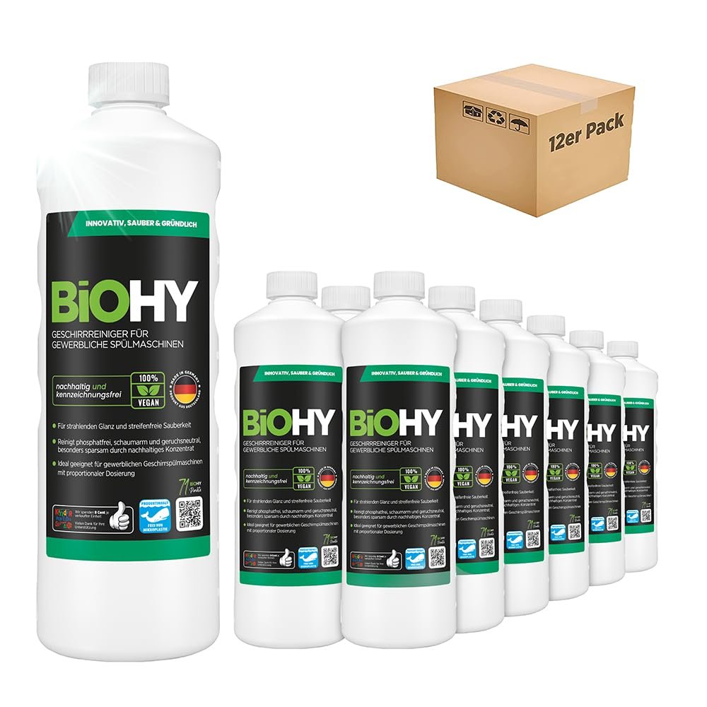 BiOHY Dishwasher Detergent for commercial use (12 x 1l Bottle) | PHOSPHATE-FREE |Concentrate for gastronomy | radiant shine due to outstanding fat dissolving formula (Geschirrreiniger)