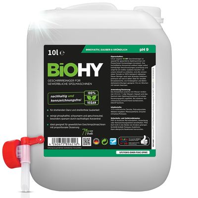 BiOHY Dishwasher Detergent for Commercial use (10l Canister) Discharge tap | Phosphate-Free |Concentrate for Gastronomy | Radiant Shine Due to Outstanding Fat Dissolving Formula (Geschirrreiniger)