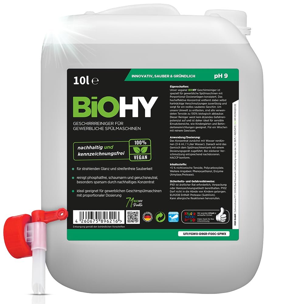 BiOHY Dishwasher Detergent for Commercial use (10l Canister) Discharge tap | Phosphate-Free |Concentrate for Gastronomy | Radiant Shine Due to Outstanding Fat Dissolving Formula (Geschirrreiniger)