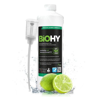 BiOHY Dishwasher Detergent for Commercial use (1l Bottle) + Dispenser | Phosphate-Free |Concentrate for Gastronomy | Radiant Shine Due to Outstanding Fat Dissolving Formula (Geschirrreiniger)