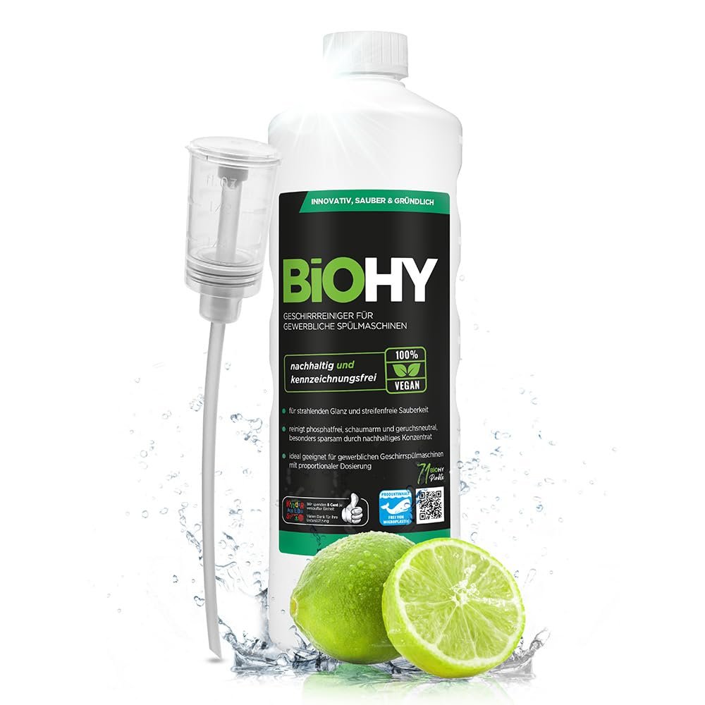 BiOHY Dishwasher Detergent for Commercial use (1l Bottle) + Dispenser | Phosphate-Free |Concentrate for Gastronomy | Radiant Shine Due to Outstanding Fat Dissolving Formula (Geschirrreiniger)
