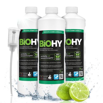 BiOHY Dishwasher Detergent for Commercial use (3 x 1l Bottle) + Dispenser | Phosphate-Free |Concentrate for Gastronomy | Radiant Shine Due to Outstanding Fat Dissolving Formula (Geschirrreiniger)
