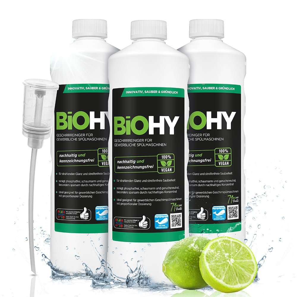 BiOHY Dishwasher Detergent for Commercial use (3 x 1l Bottle) + Dispenser | Phosphate-Free |Concentrate for Gastronomy | Radiant Shine Due to Outstanding Fat Dissolving Formula (Geschirrreiniger)