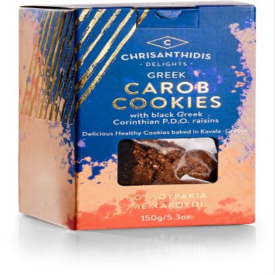 Chrisanthidis Delights Greek Carob Cookies with Black Greek Corinthian P.D.O. Raisins, Pack of 4 X 150 g (Total: 600 g)