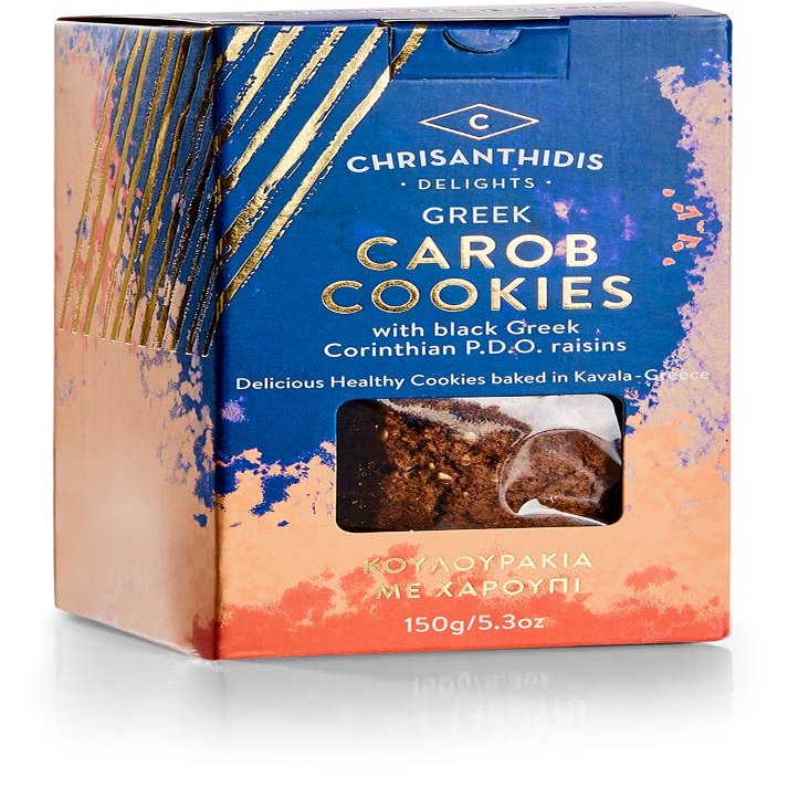 Chrisanthidis Delights Greek Carob Cookies with Black Greek Corinthian P.D.O. Raisins, Pack of 4 X 150 g (Total: 600 g)