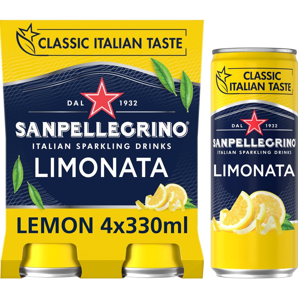 San Pellegrino Italian Sparkling Drinks Classic Taste Original Sparkling Lemon Canned Soft Drink 4 x 330 ml