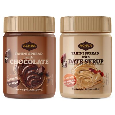 Achva Sesame and Chocolate & Sesame and Date Syrup - 2 x 400G Kosher Spreadable Tahini Chocolate and Date Syrup - Made from Natural Sesame Paste Tahini Snack.