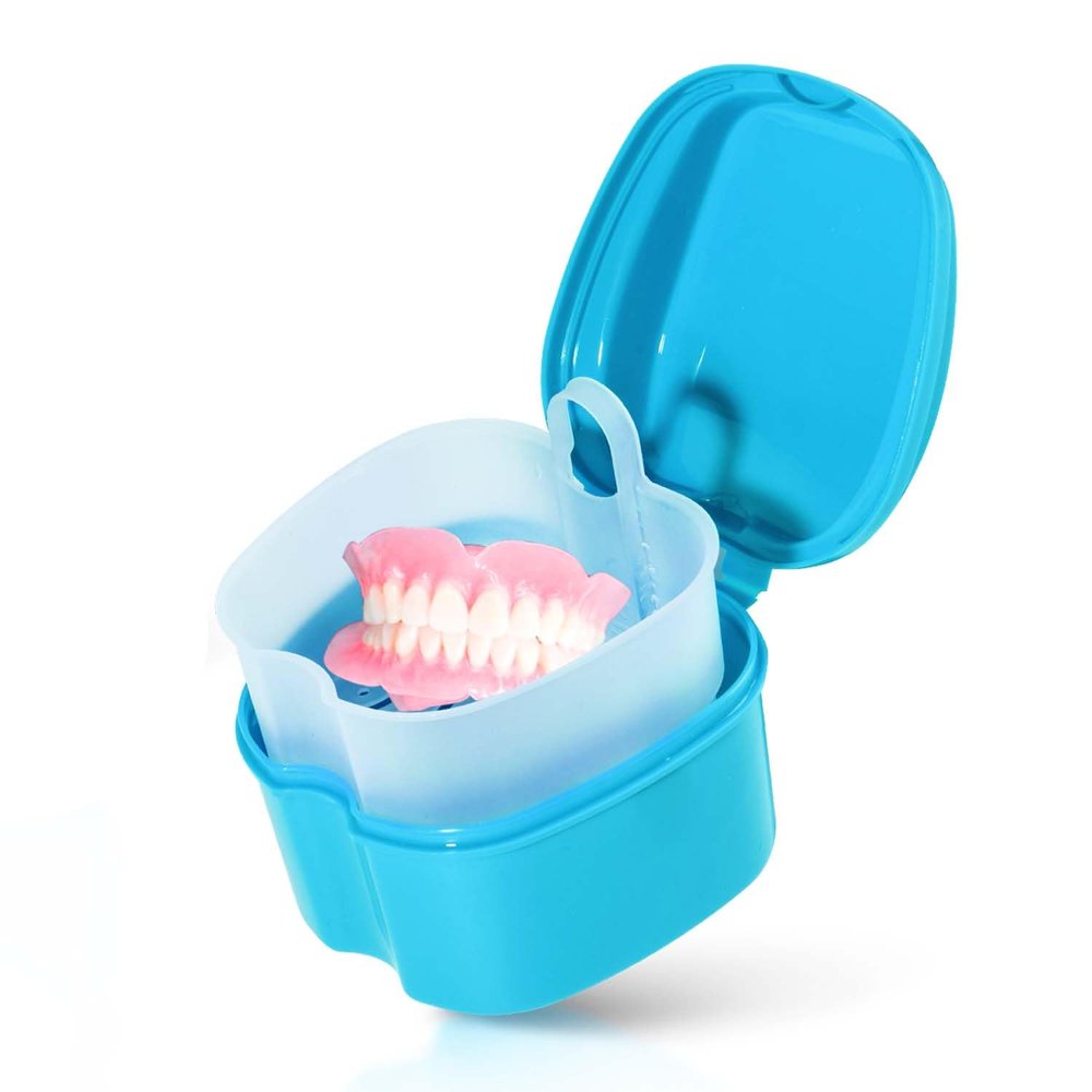 KISEER Denture Bath Case Cup Box Holder Storage Soak Container with Strainer Basket for Travel Cleaning (Light Blue)