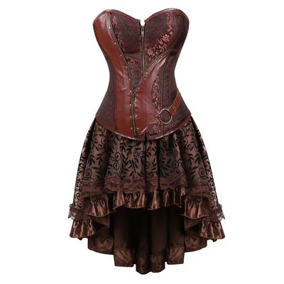 jutrisujo Steampunk Skirts Women Bustier Dress Asymmetry Gothic Punk Leather Pirate Costume Halloween Plus Size Brown M