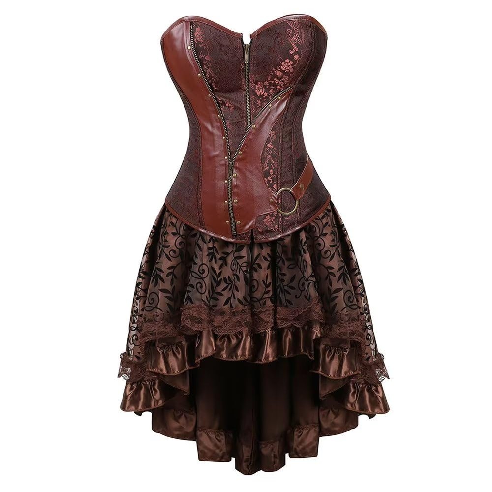 jutrisujo Steampunk Skirts Women Bustier Dress Asymmetry Gothic Punk Leather Pirate Costume Halloween Plus Size Brown M