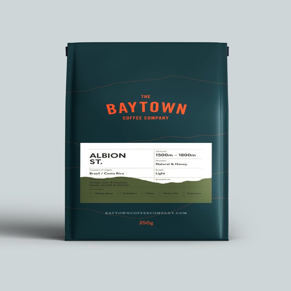 Baytown Albion Street Beans, 250g  Freshly roasted light roast Columbian and Brazil blend