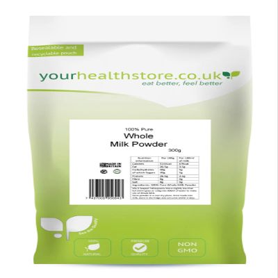 yourhealthstore 100% Pure Whole Milk Powder 300g, Made in Britain with British Milk, No Additives & Soy Lecithin, No Bovaer, Vegetarian, (Recyclable Pouch)