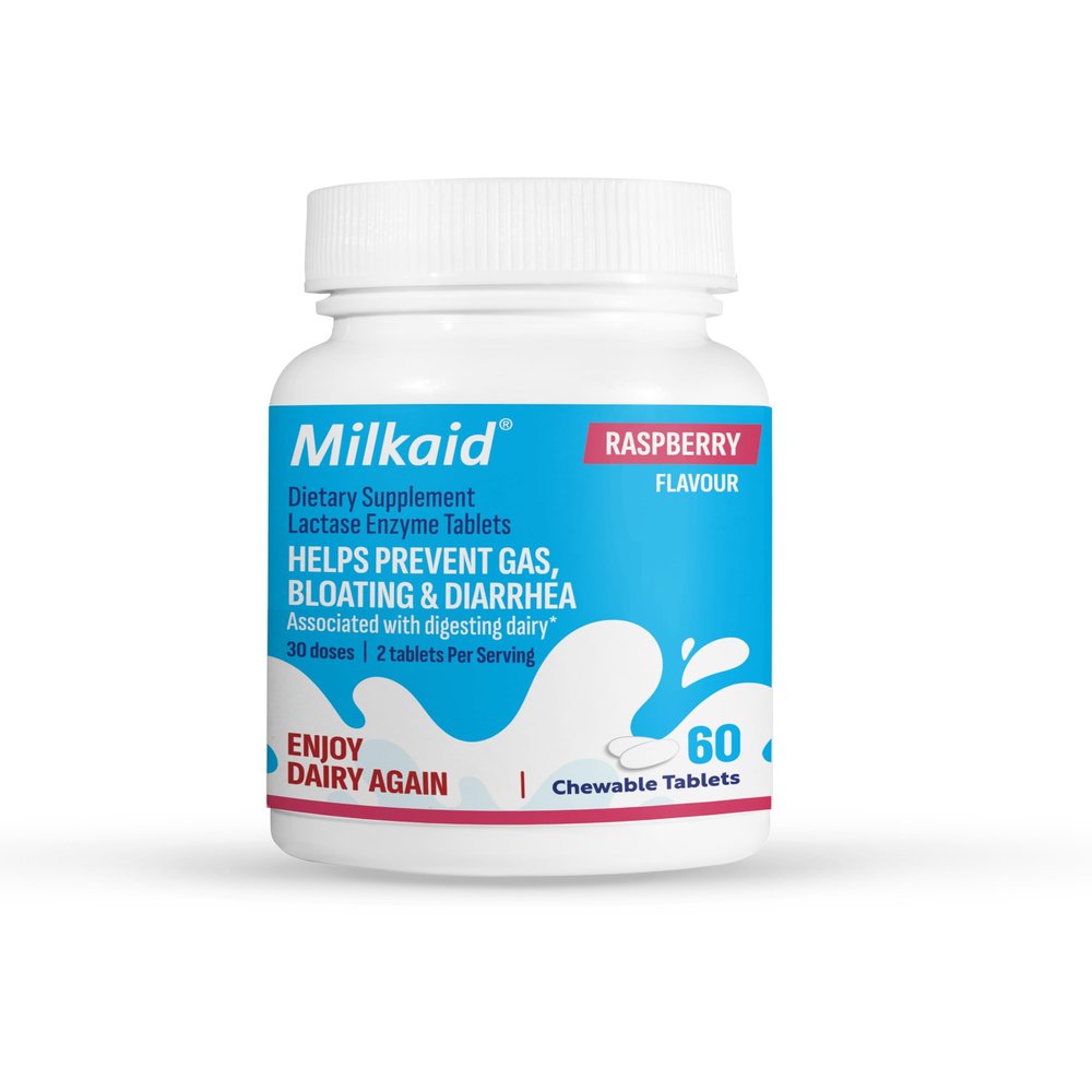 Milkaid Lactase Enzyme Chewable Tablets for Lactose Intolerance Relief | Prevents Gas, Bloating & Diarrhoea | Fast Acting Dairy Digestive Supplement | Gluten Free & Vegan | 60 tablets