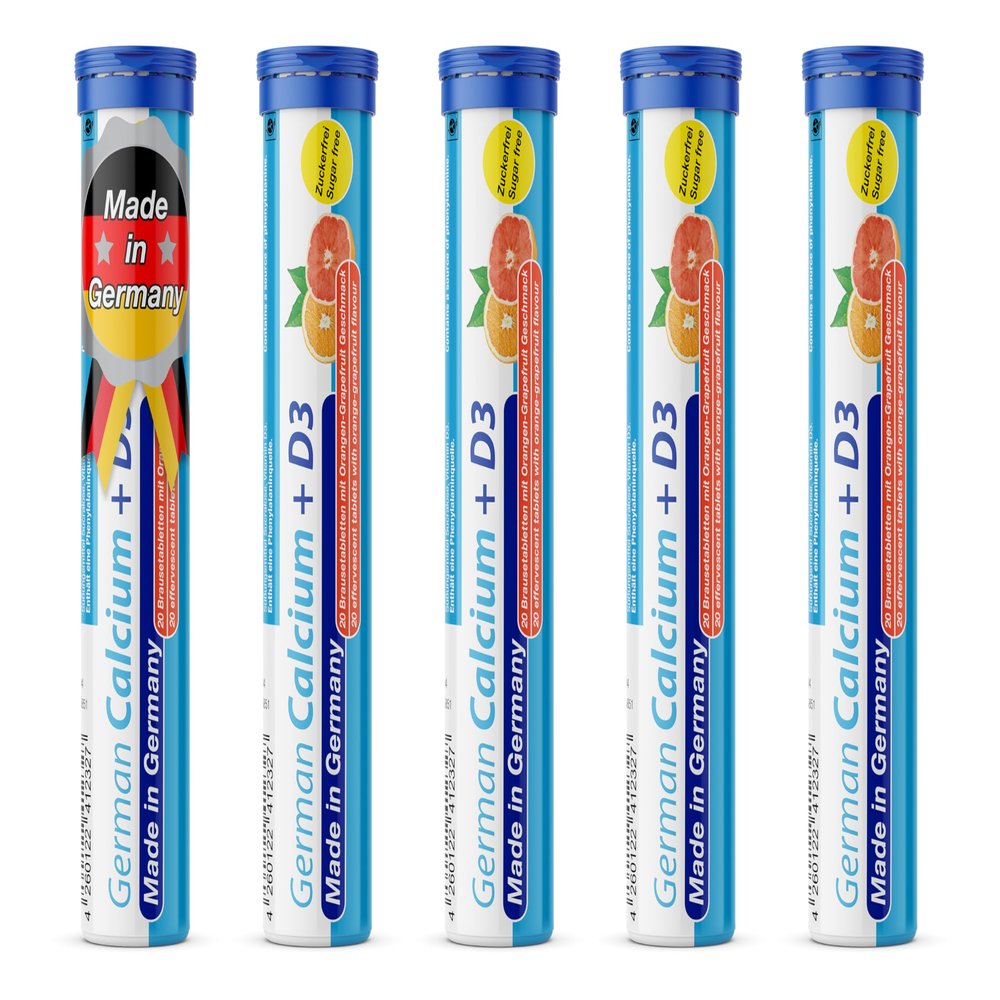 Calcium + Vitamin D3-5 x 20 effervescent Tablets - Orange-Grapefruit Flavor - T&D Pharma German Calcium + D3 - Made in Germany