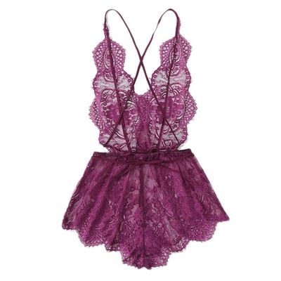 Women's Erotic Bodystockings Open Back Eyelash Lace Teddy Summer Purple Lace Criss Cross Sexy Nightwear Woman Solid Sleepwear-Purple_Xs