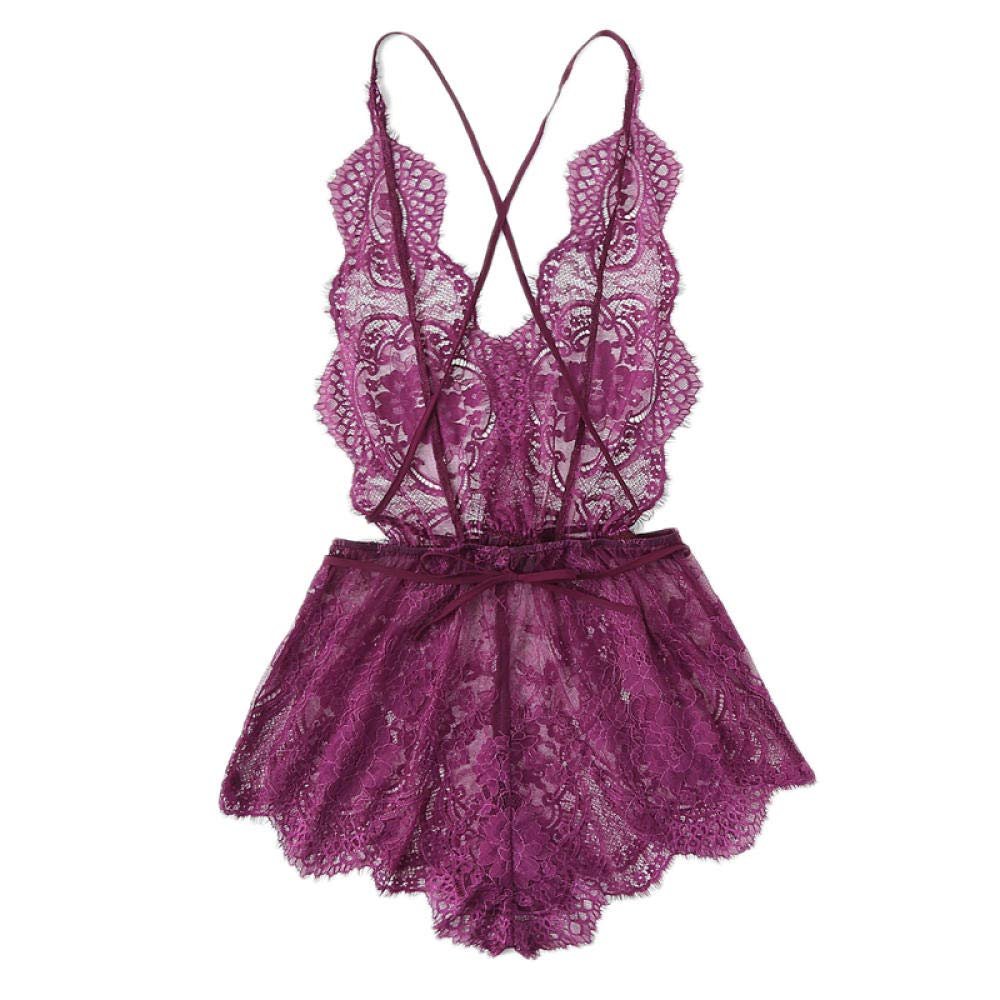 Women's Erotic Bodystockings Open Back Eyelash Lace Teddy Summer Purple Lace Criss Cross Sexy Nightwear Woman Solid Sleepwear-Purple_Xs