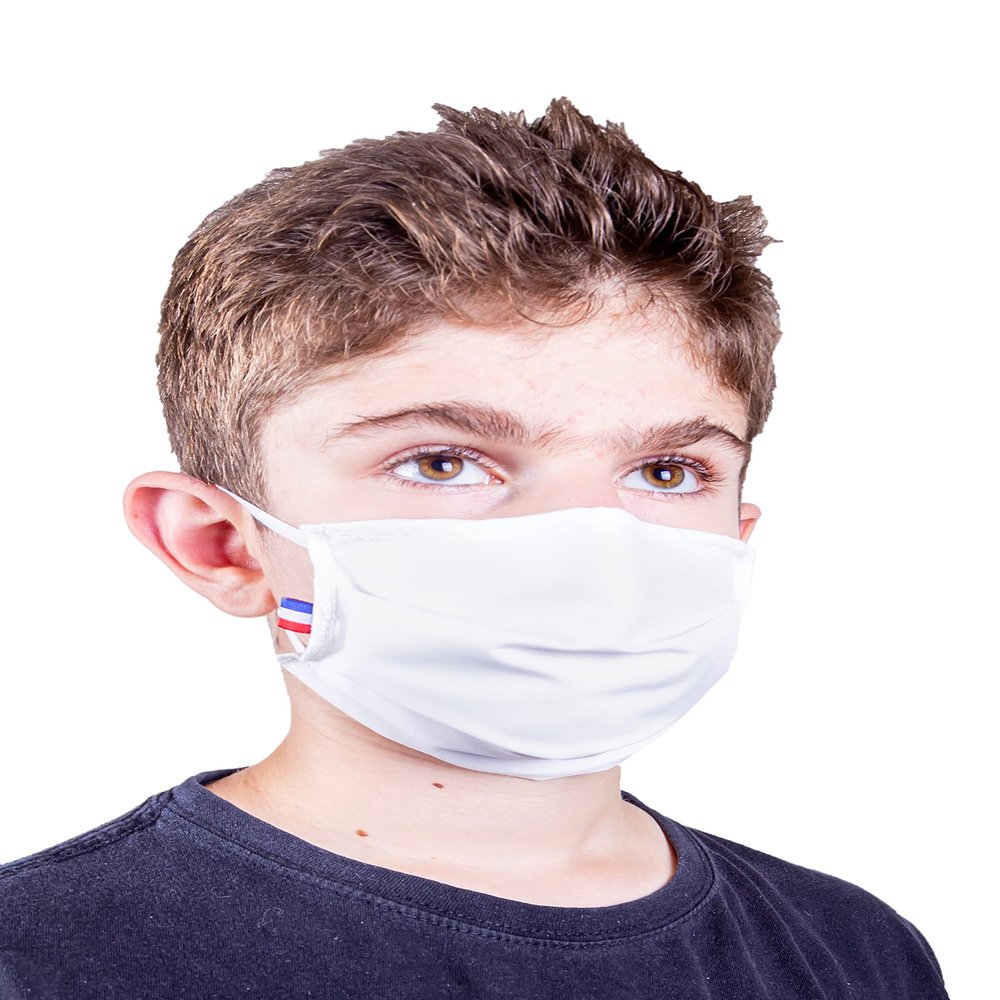 Face Protection Washable Fabric 100% Cotton Popeline 2 Layers, with Nasal Bar, Made in France AFNOR Standards Size (S) Child 8 x 17 cm Pack of 2 (Off-White) with Reusable Bag