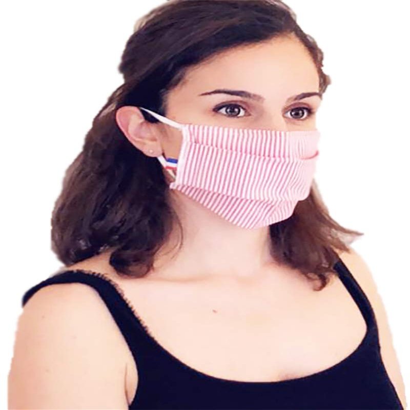 Washable Fabric Protective Mask, Category 1 UNS1, with Nasal Clip, Made in France, Red Stripes AFNOR, Pack of 2 (Adult Size 10 x 19 cm)