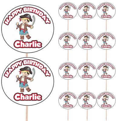 AK Giftshop Personalised Boy Pirate Birthday Food & Cupcake Toppers Picks Flags Party Decorations - (pack of 14)