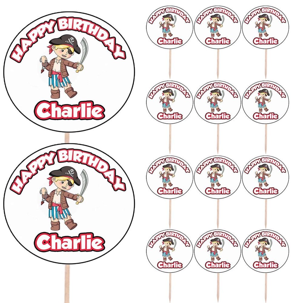 AK Giftshop Personalised Boy Pirate Birthday Food & Cupcake Toppers Picks Flags Party Decorations - (pack of 14)