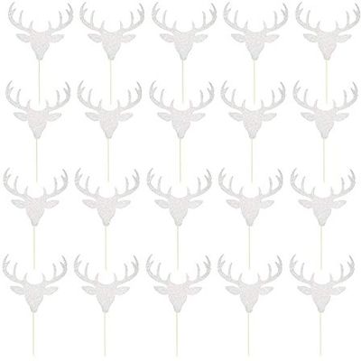 20pcs Christmas Reindeer Antler Cake Topper Glitter Paper Cupcake Topper Cake Decorations for Xmas Holiday Party Favors - Silver