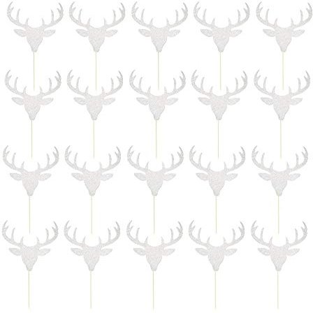 20pcs Christmas Reindeer Antler Cake Topper Glitter Paper Cupcake Topper Cake Decorations for Xmas Holiday Party Favors - Silver
