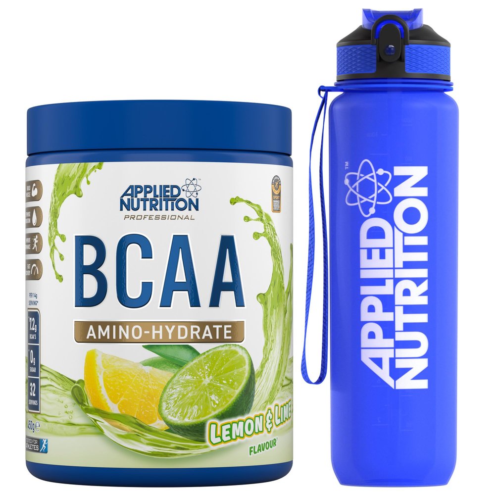 Applied Nutrition Bundle: BCAA Powder 450g + Lifestyle Water Bottle 1000ml | Branched Chain Amino Acids BCAAs Supplement, Intra Workout & Recovery (450g - 32 Servings) (Lemon & Lime)