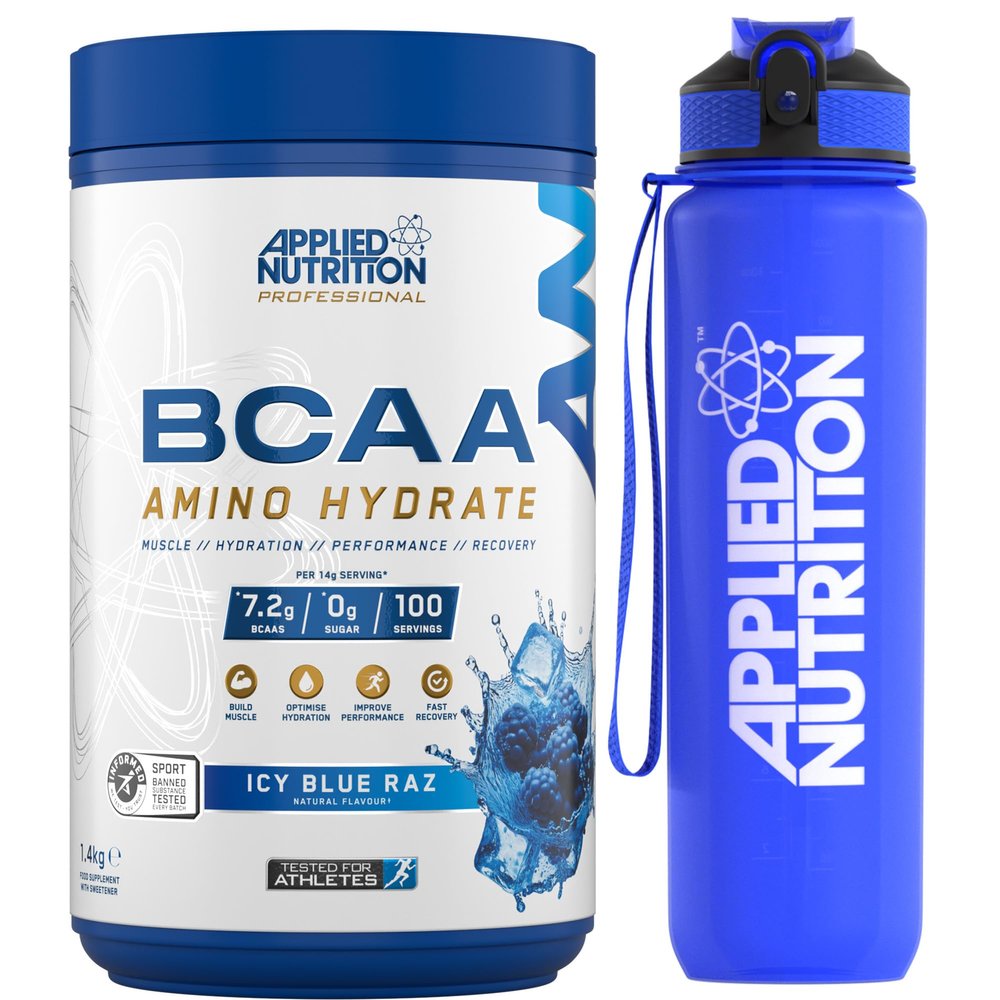 Applied Nutrition Bundle BCAA Amino Hydrate Powder 1.4kg + Lifestyle Water Bottle 1000ml | Branched Chain Amino Acids Supplement, Electrolytes, B Vits, Intra Workout & Recovery Drink (ICY Blue Raz)