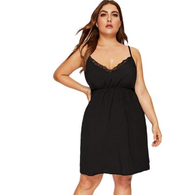 Women Sexy Teddy Lingerie Nightwear Strap Dress Contrast Lace Night Dress Women Sexy Summer Sleeveless Sleepwear Ladies Solid V Neck Loungewear-Black_4XL