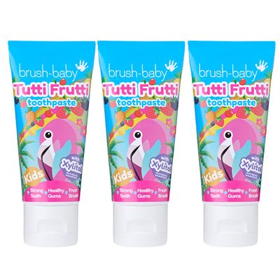 Brush-Baby - Tutti Frutti Kids Toothpaste 150ml (3 x 50ml Tubes) - for Ages 3+ - with Xylitol & Fluoride - Strong Teeth, Healthy Gums & Fresh Breath - Gentle Vegan Formula, Safe if Swallowed