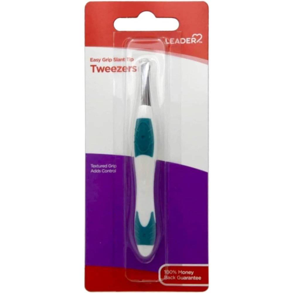 Leader Tweezers Slant Tip Precision, Easy Grip, Non-Slip Rubber, Stainless Steel, Great Precision for Eyebrows, Facial Hair, Splinter and Ingrown Hair Removal