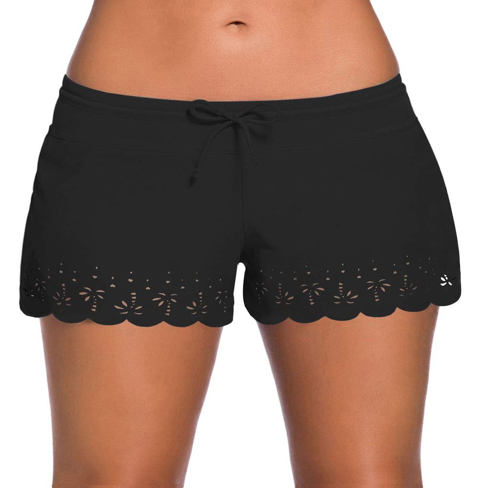 ChinFun Board Shorts Women's Swimswear Tankini Swim Briefs Swimsuit Bottom Boardshorts Beach Trunks, Improved & Wave Edged Pierced-black, Small