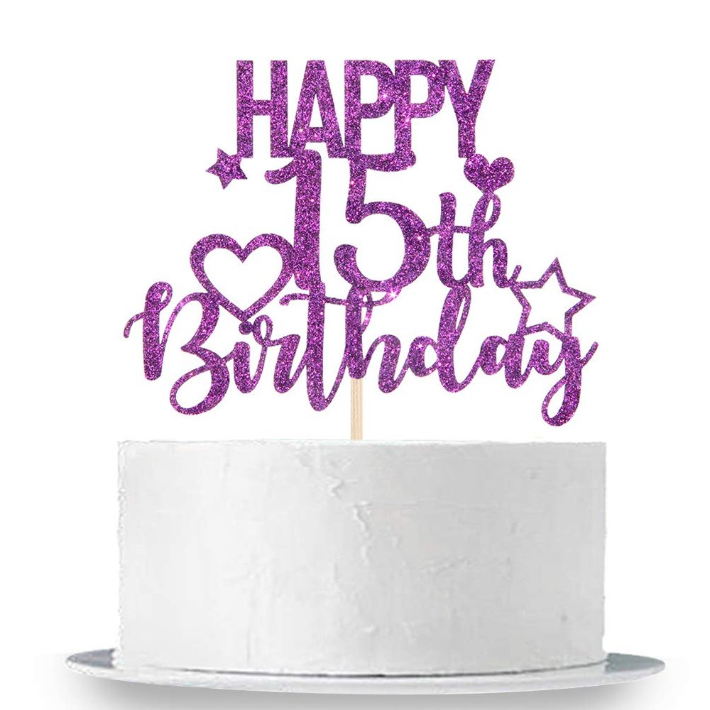 INNORU Pruple Glitter Happy 15th Birthday Cake Topper for Cheers to 15 Years - Teenager Children's Birthday Party Cake Decorations